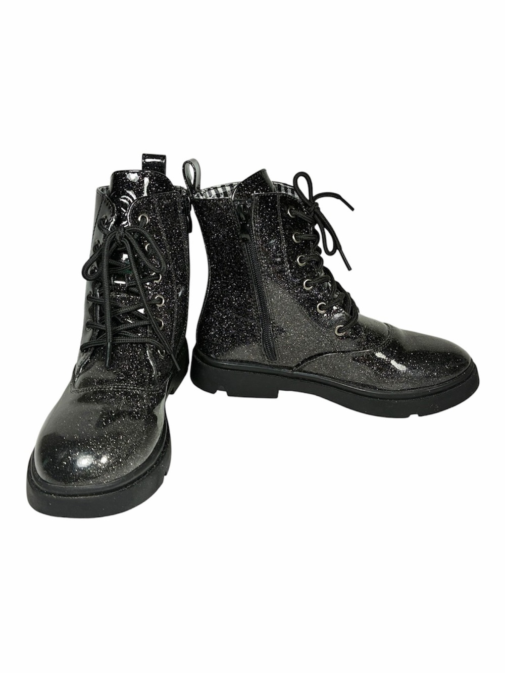 Kid Sole Black Glitter Lace-Up Side-Zip Combat Boots, size 36 (4-4.5)